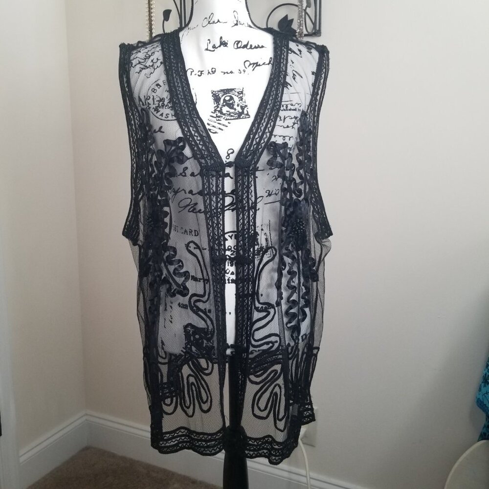 Black Embroidered & Beaded Tulle Lace Sheer Vest 3x-4x